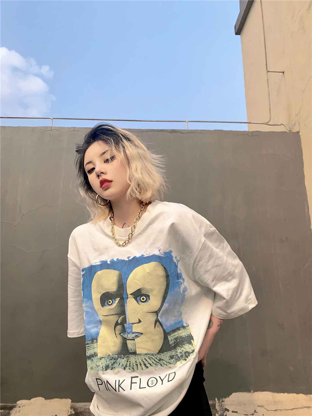 PINK FLOYD摇滚白鬼vintage水洗做旧复古短袖高街宽松T恤侃爷同款