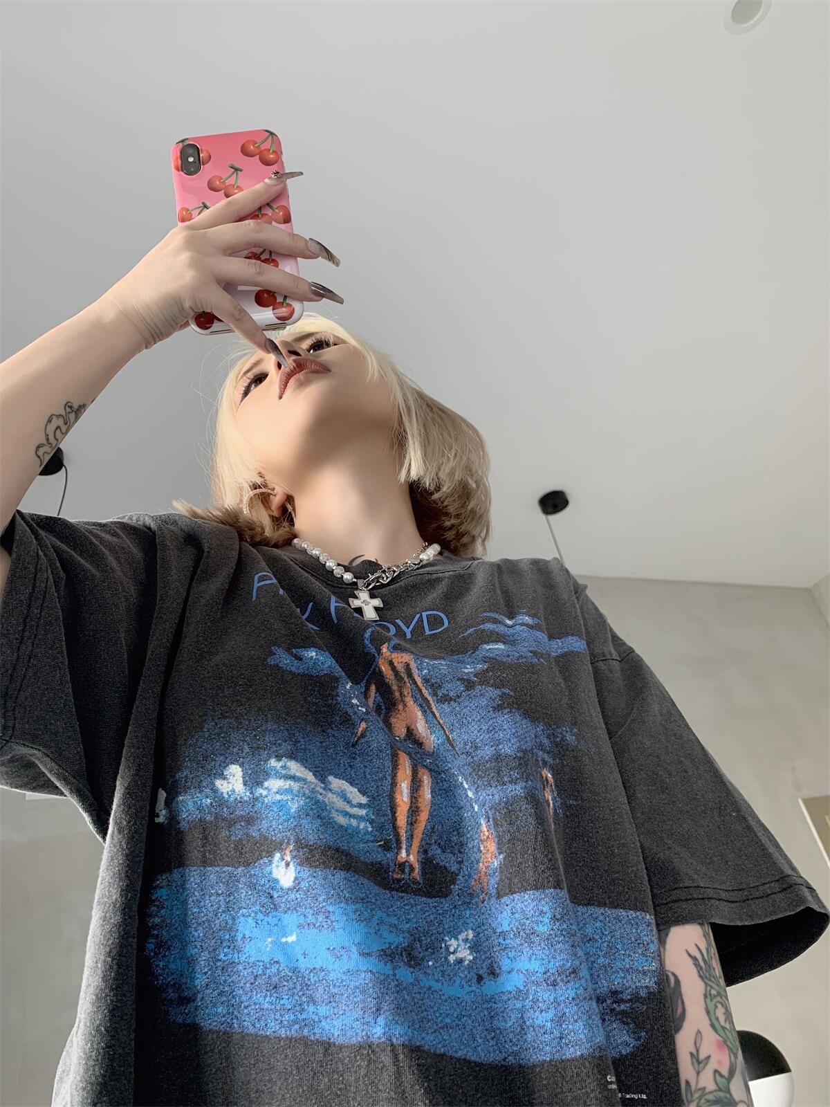 Pink Floyd乐队海王复古水洗做旧T恤VTG高街休闲宽松情侣涂鸦短袖