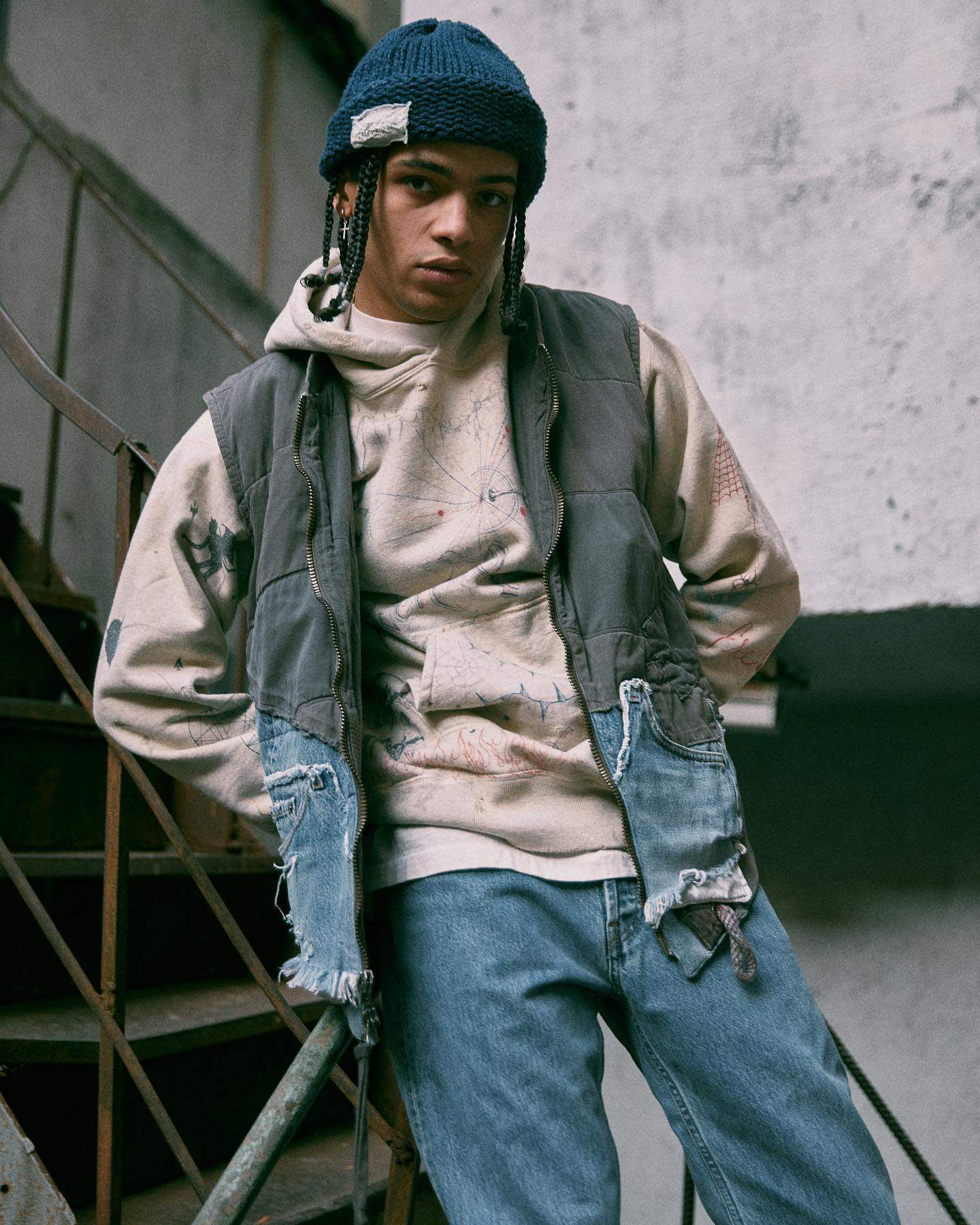 saint michael手绘涂鸦复古做旧破坏加绒连帽衫fog高街风休闲卫衣-mc