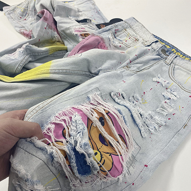 Drew泰迪小熊泼墨破洞牛仔裤高街休闲直筒宽松破坏休闲裤男女同款