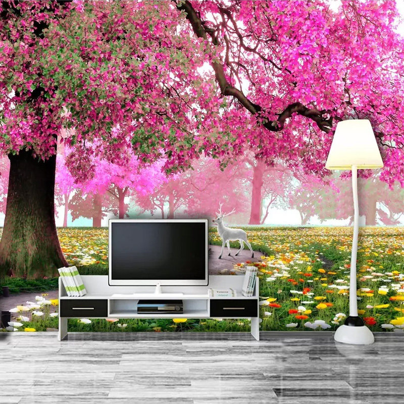 现代9d樱花风景温馨壁画电视背景墙壁纸卧室客厅沙发花卉装饰墙布
