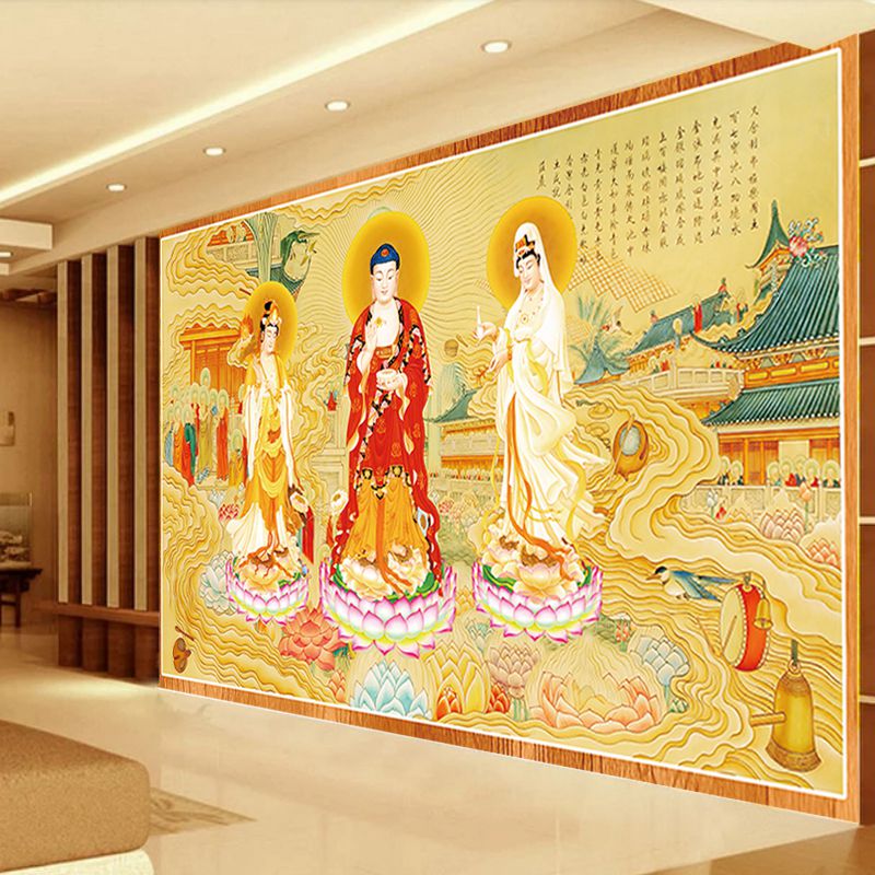 西方三圣壁画寺庙佛堂佛像菩萨墙纸释迦牟尼佛墙布佛教背景墙壁纸