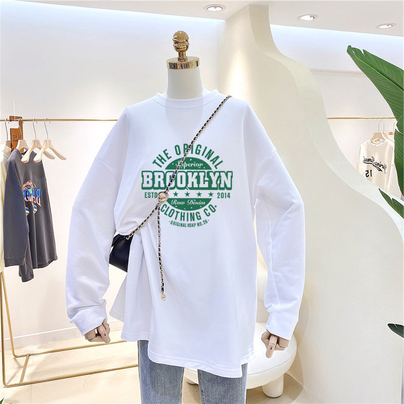 2021春秋新款韩版白色中长款纯棉宽松百搭t恤女长袖上衣服打底衫