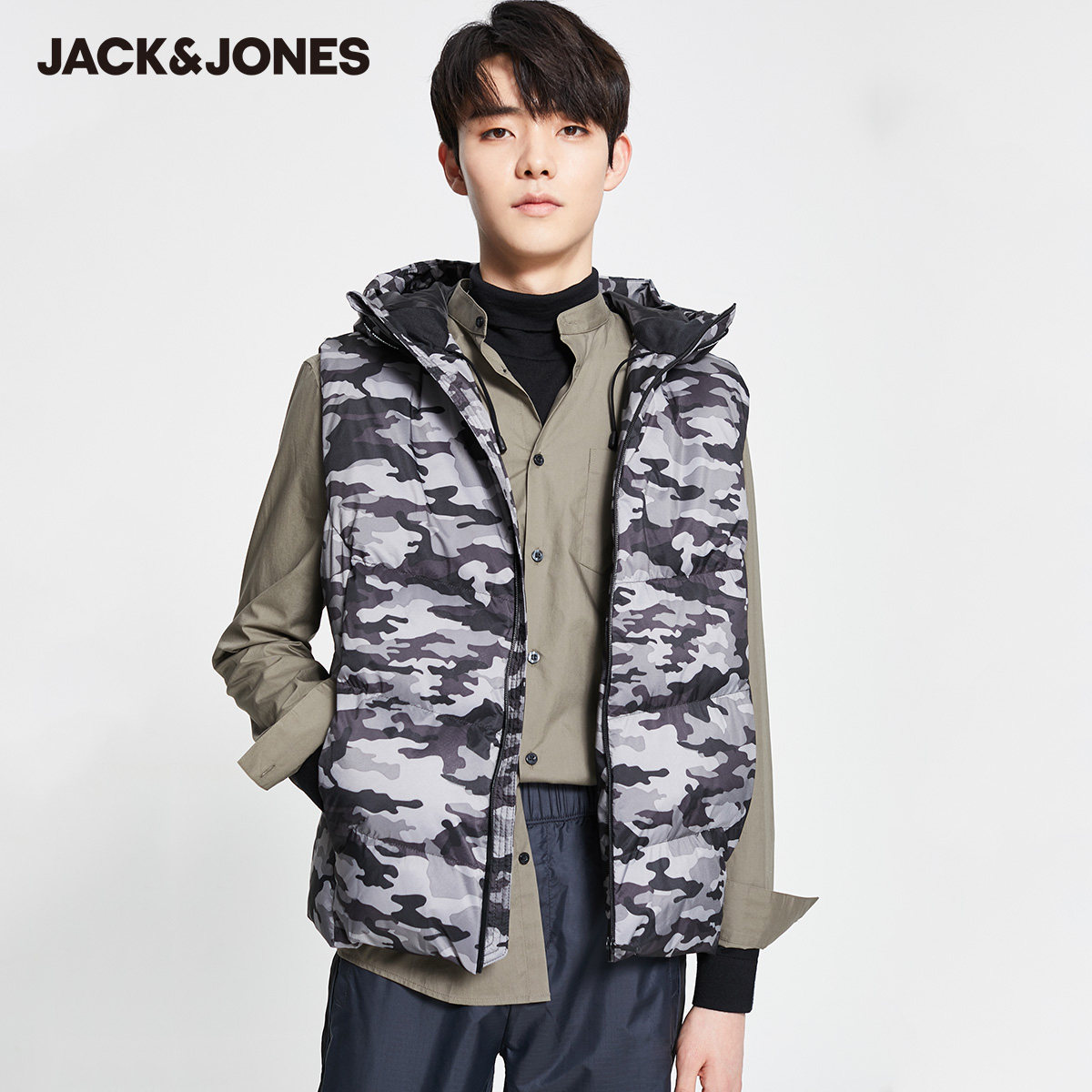 jackjones杰克琼斯outlets时尚潮流迷彩印花休闲保暖连帽棉马背心
