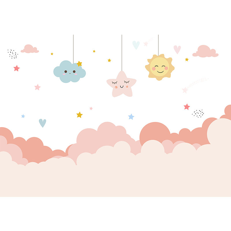 星星云朵墙纸太阳粉色墙布卡通儿童壁画女孩定制壁画