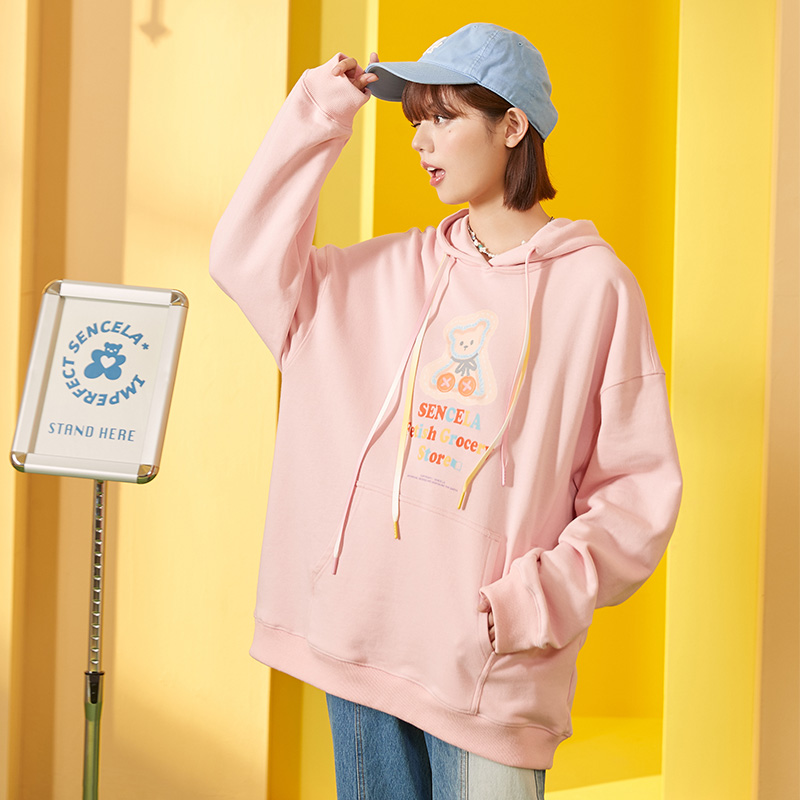 SENCE LA小熊反光印花宽松连帽情侣甜酷卫衣薄款潮流帽衫