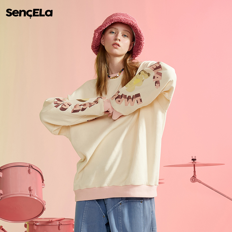 SENCE LA小花熊3D印花圆领可爱套头情侣装宽松潮牌秋季卫衣