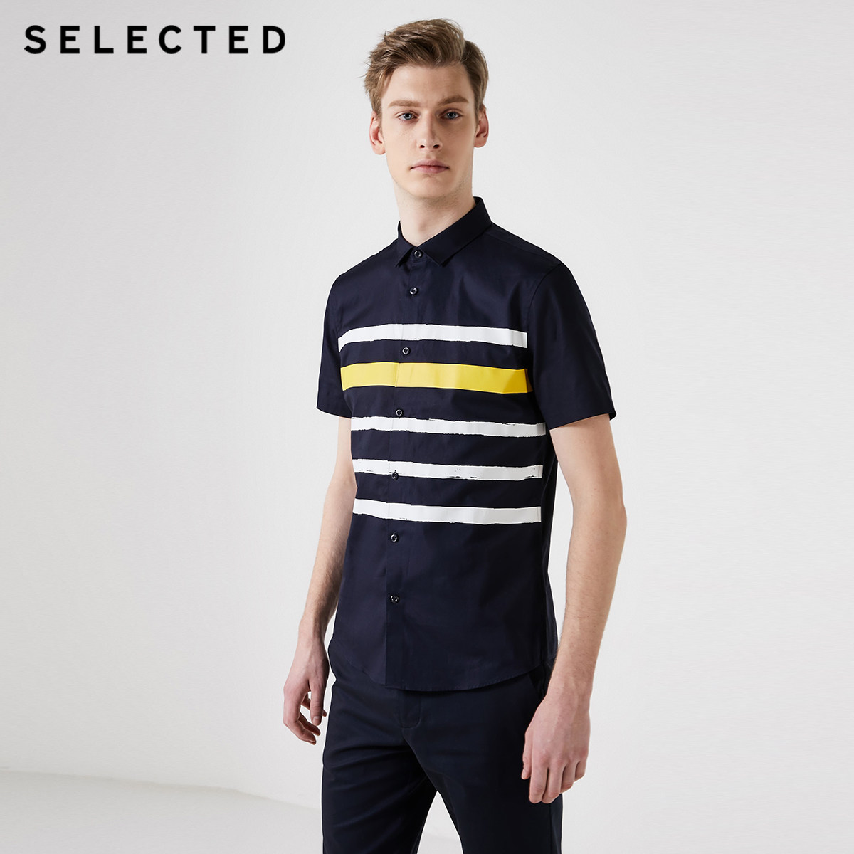selected思莱德棉条条纹潮流修身商务休闲短袖衬衫衬衫