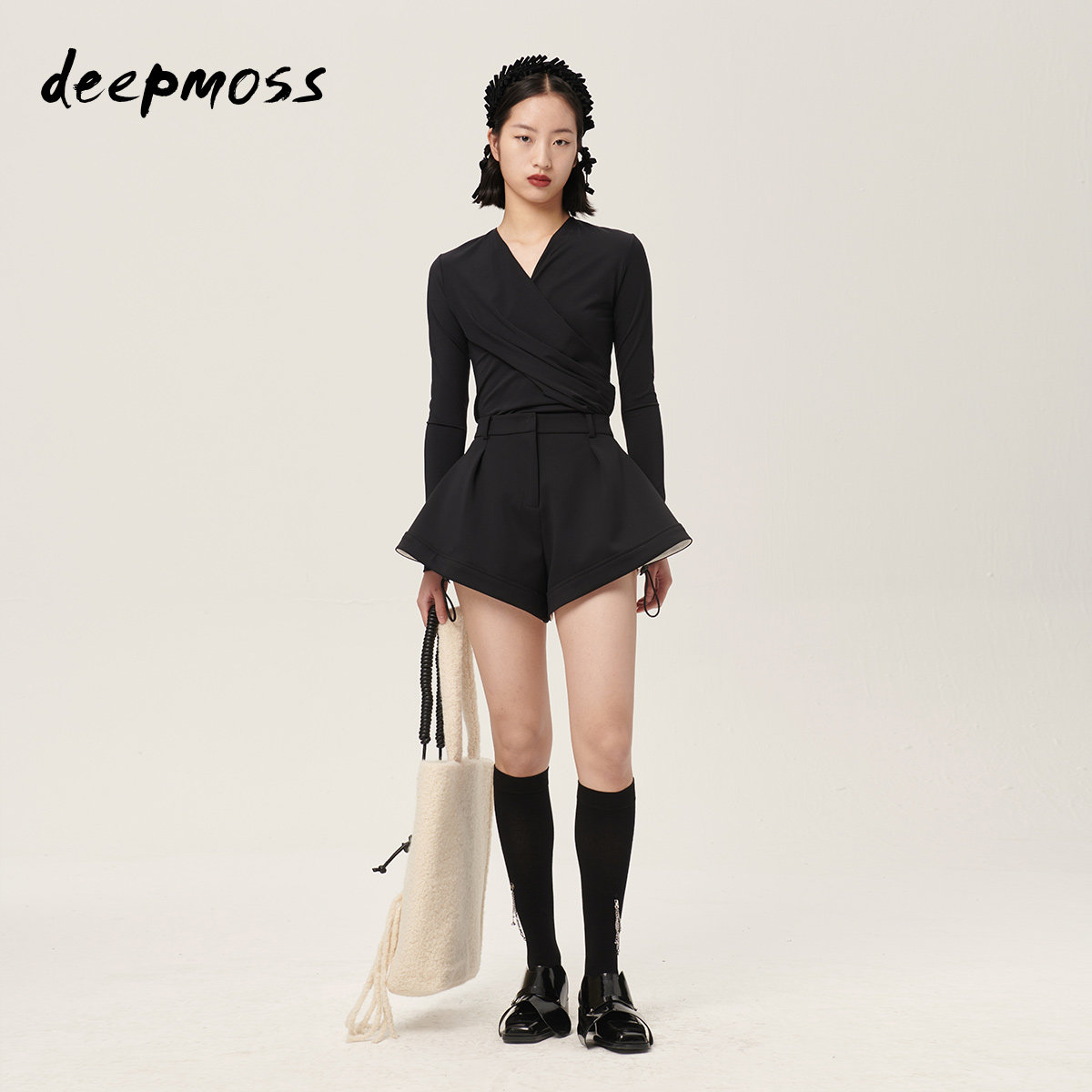 deepmoss设计师品牌时尚修身气质交叉长袖打底上衣女潮t恤