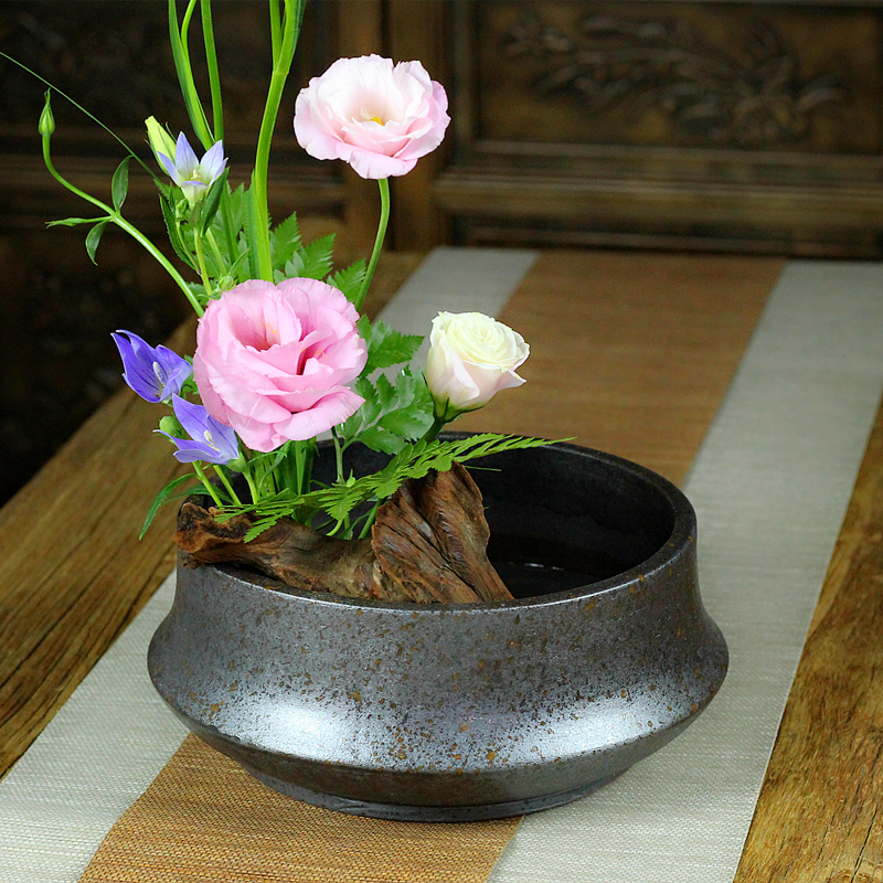 东方花道日式剑山插花碗手作粗陶花加厚圆钵质感花盆