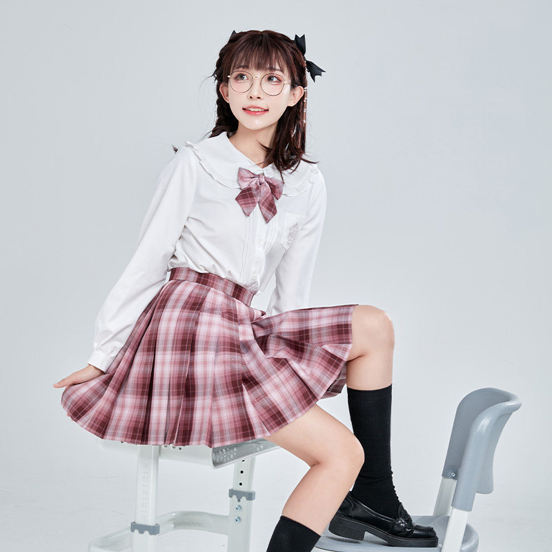 御茶家干枯玫瑰格裙水晶线版百褶半身jk制服半身裙