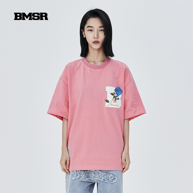 BENMYSHOWER(BMSR)国潮短袖男潮牌刺绣玫瑰花字母宽松T恤情侣款