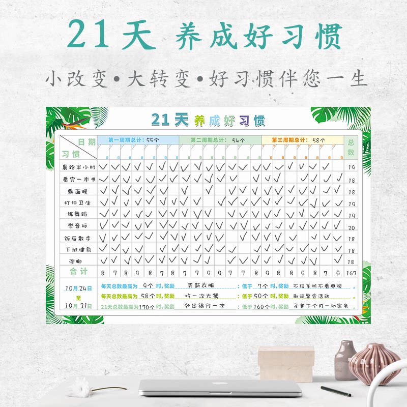 21天好习惯养成表行为习惯养成计划表墙贴可擦幼儿园儿童家用生活自律