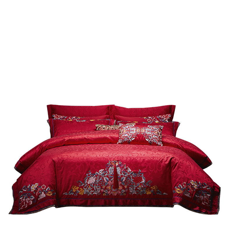 lovo罗莱家纺婚庆庆大红色提花十件件套精美重秀婚庆床品套件