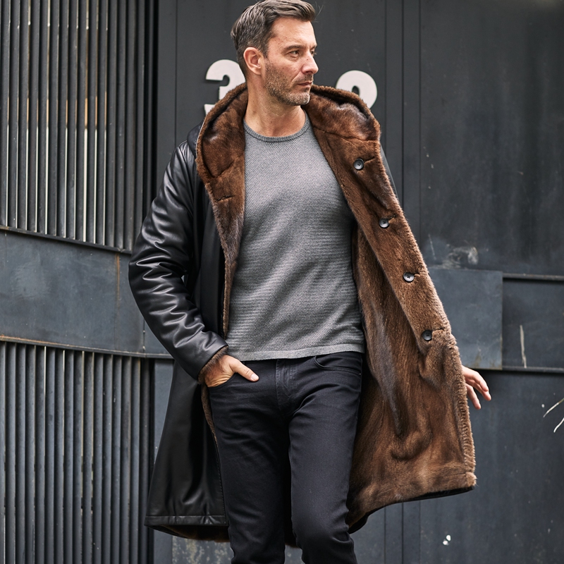 进口水貂双面穿连帽长款胎牛皮水貂内胆男派克服皮毛一体外套大衣