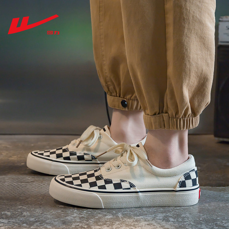 回力女鞋棋盘格鞋2021年秋冬新款百搭系带帆布鞋经典黑白格子板鞋