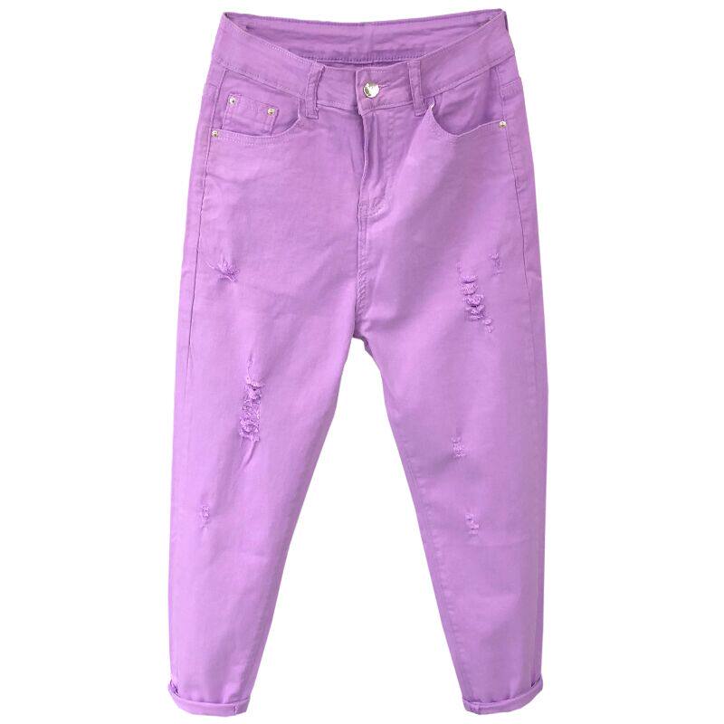 欧洲站2021夏季新款紫色高腰破洞九分休闲牛仔裤牛仔裤