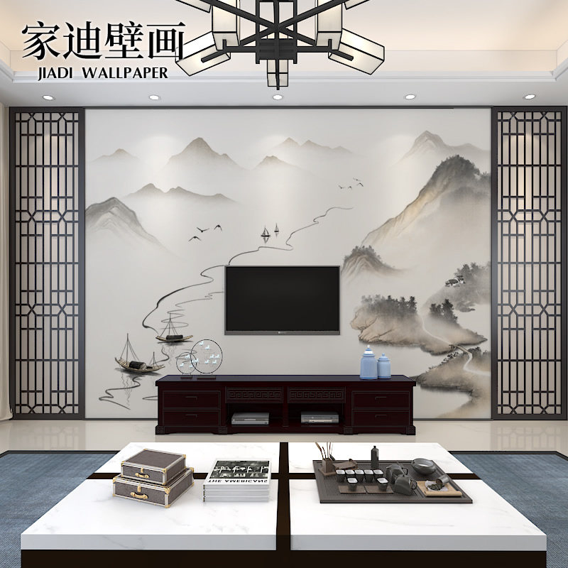 新中式壁布效果图,卧室,客厅_大山谷图库