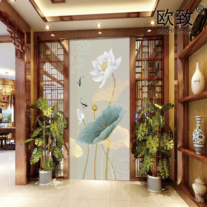 壁纸背景墙壁画立体3d莲花走廊过道新中式玄关定制壁画