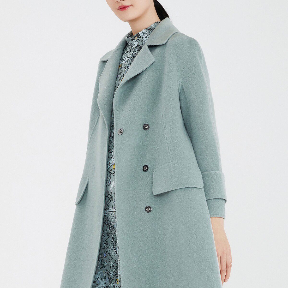 vgrass维格娜丝21秋冬新款气质雾霾蓝桑蚕丝羊毛a型中长款大衣