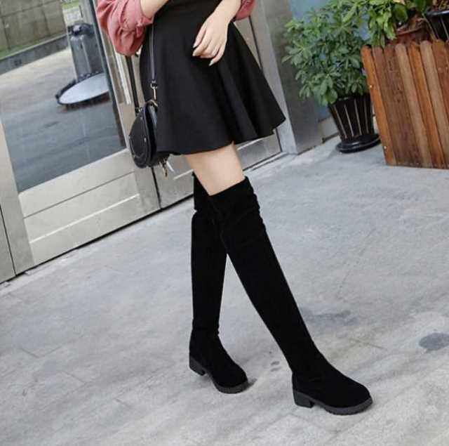 秋天冬天穿的女士靴子春秋季平底靴粗跟鞋子长靴秋女鞋美腿膝盖.