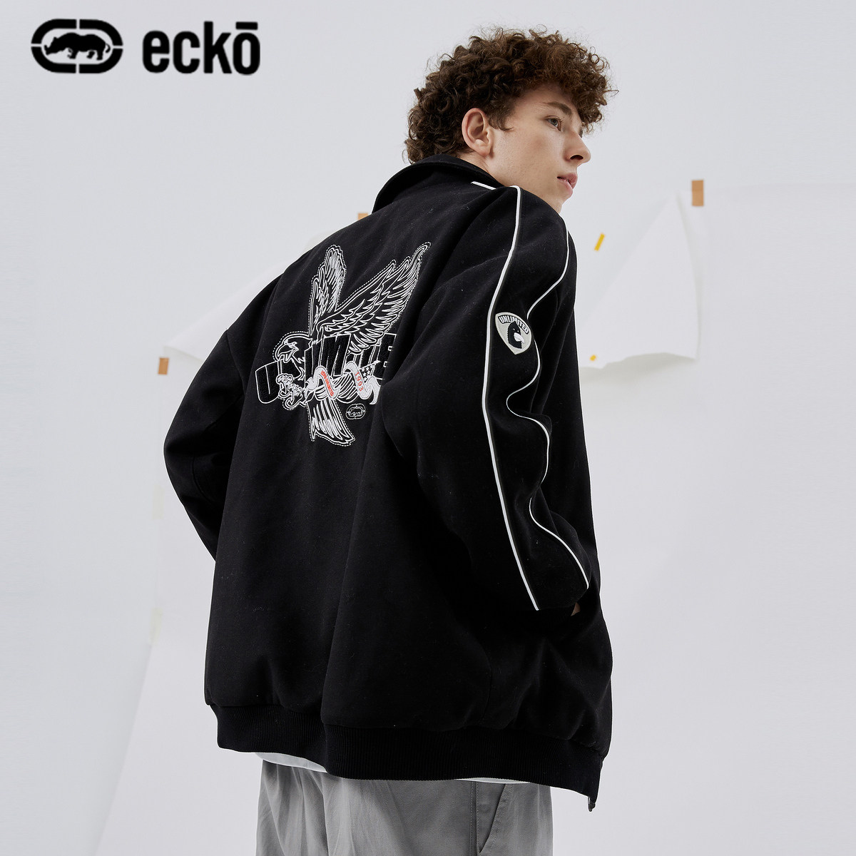 ecko犀牛潮牌2021冬季新款个性老鹰刺绣短款休闲宽松棉衣夹克外套