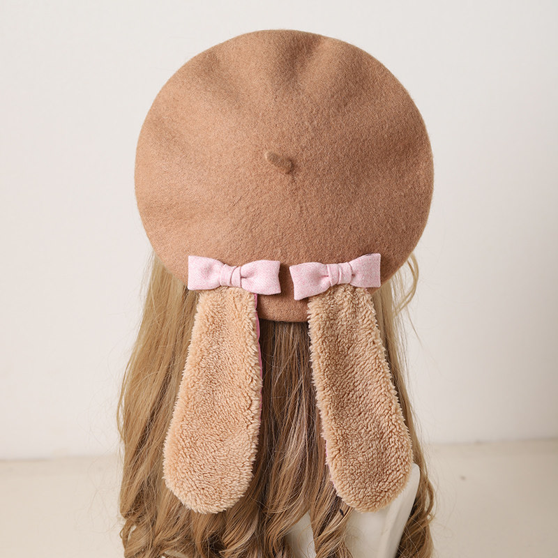 lolita垂耳兔帽萌日本烧饼羊毛贝雷帽蓓蕾画家洋装帽子