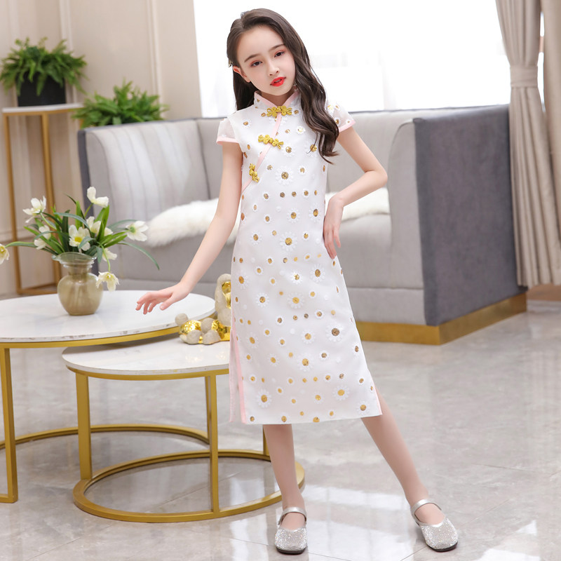 旗袍儿童女童白色夏季洋气中国国风复古女孩宝宝旗袍