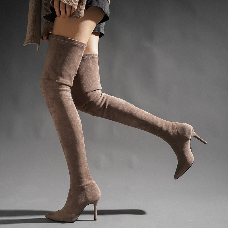 弹力显瘦大腿靴超长高筒马靴绒面棕色秋冬过膝加长靴女细跟高跟鞋