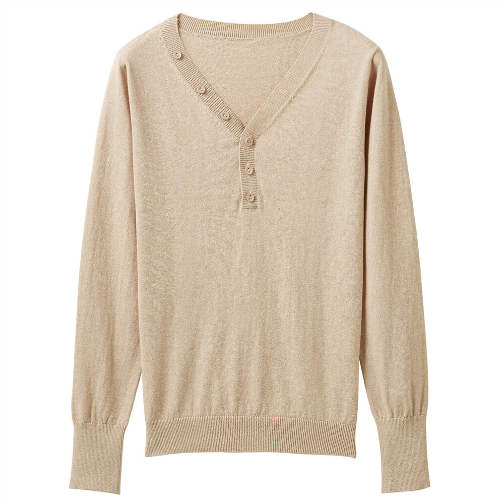 佐丹奴长袖针织衫女装精梳纯棉半开胸v领宽松套头衫毛衣13359801