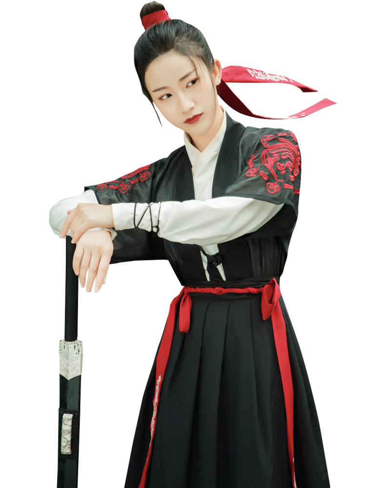 汉服女黑色古装帅气侠客风汉元素学生日常武侠齐腰襦裙中国风套装_双