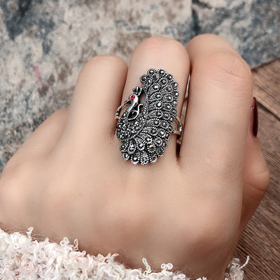 时尚孔雀戒指个性女日韩潮酷满钻复古百搭欧美学生食指中指环装饰