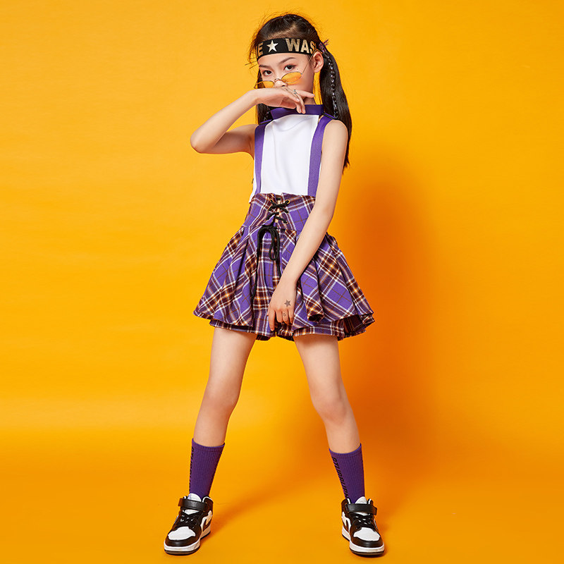女童啦啦队演出服儿童夏季新款六一女孩背带格子儿童演出服