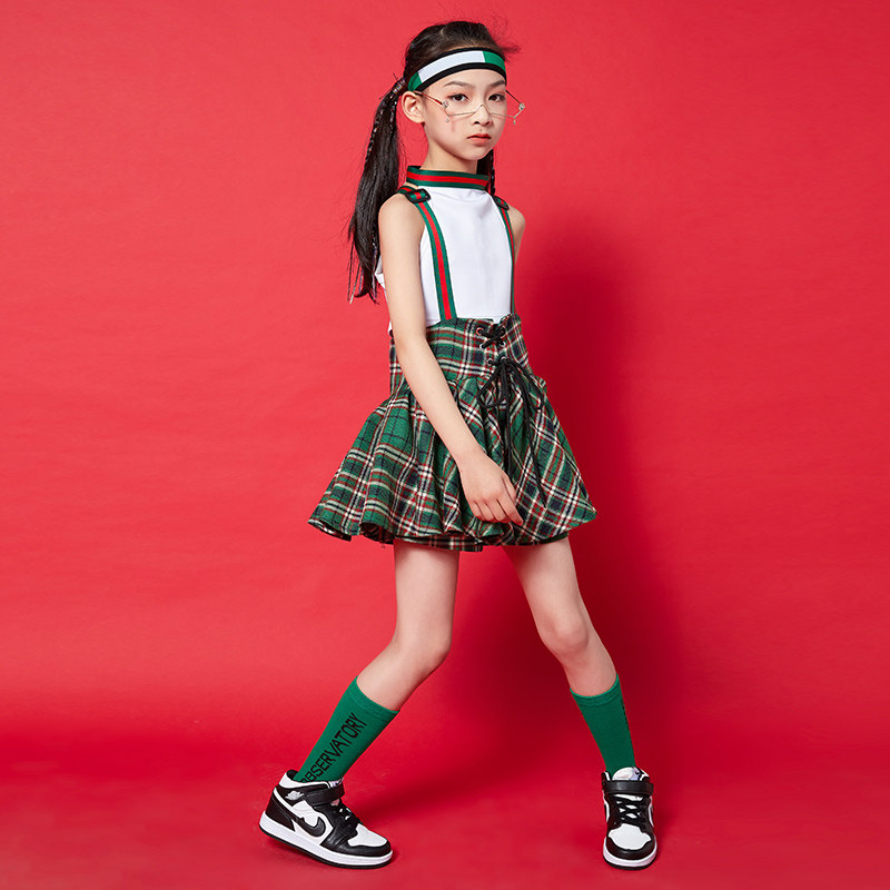 女童啦啦队演出服儿童夏季新款六一女孩背带格子儿童演出服