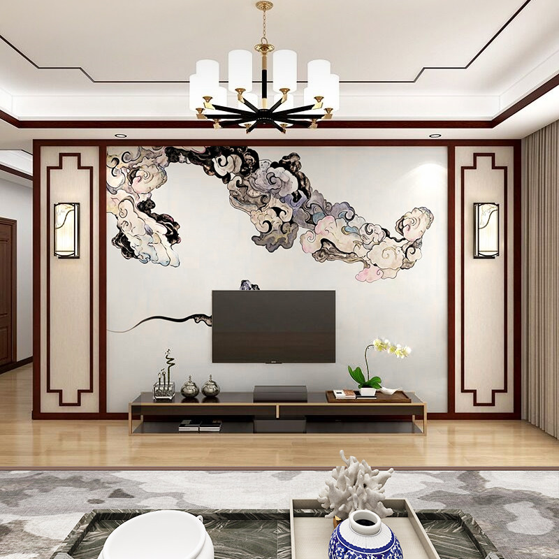 新中式祥云电视墙壁布装饰影视禅意客厅壁纸背景墙定制壁画