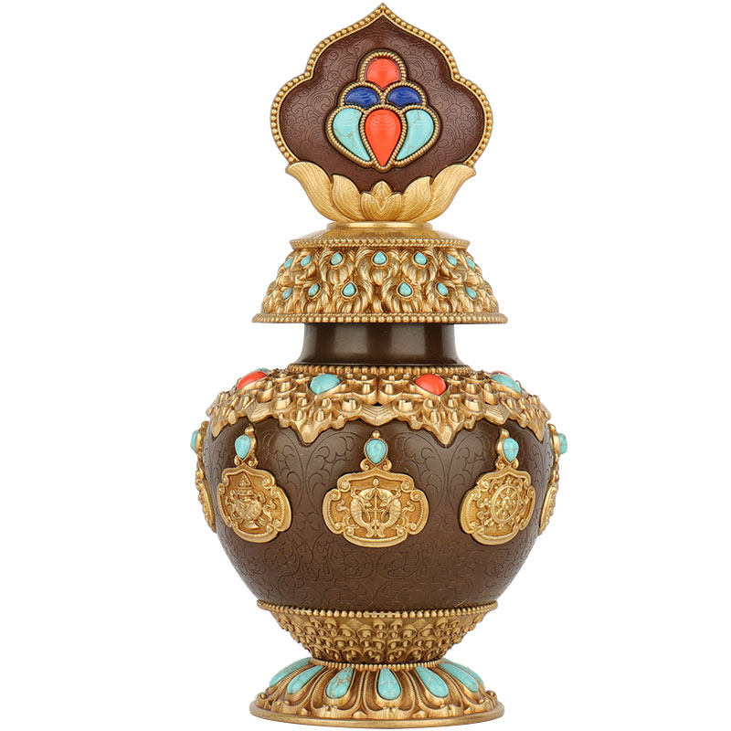 精工黄铜龙王宝瓶八吉祥藏式摩尼宝家居佛堂供奉摆件