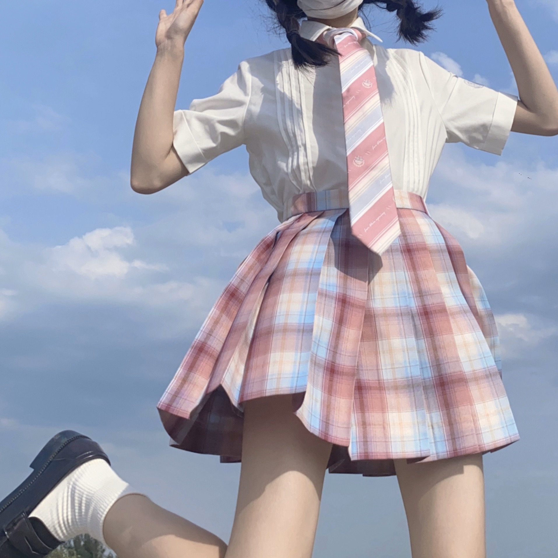 春日部甜美少女百褶正统制服jk色格粉色原创学生校服