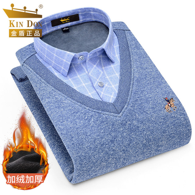 KIN DON/Golden Shield warm shirt men's fake two-piece pullover sweater winter thick shirt plus cashmere men's clothing KIN DON/Golden Shield warm shirt men's fake two-piece pullover sweater winter thick shirt plus cashmere men's clothing
