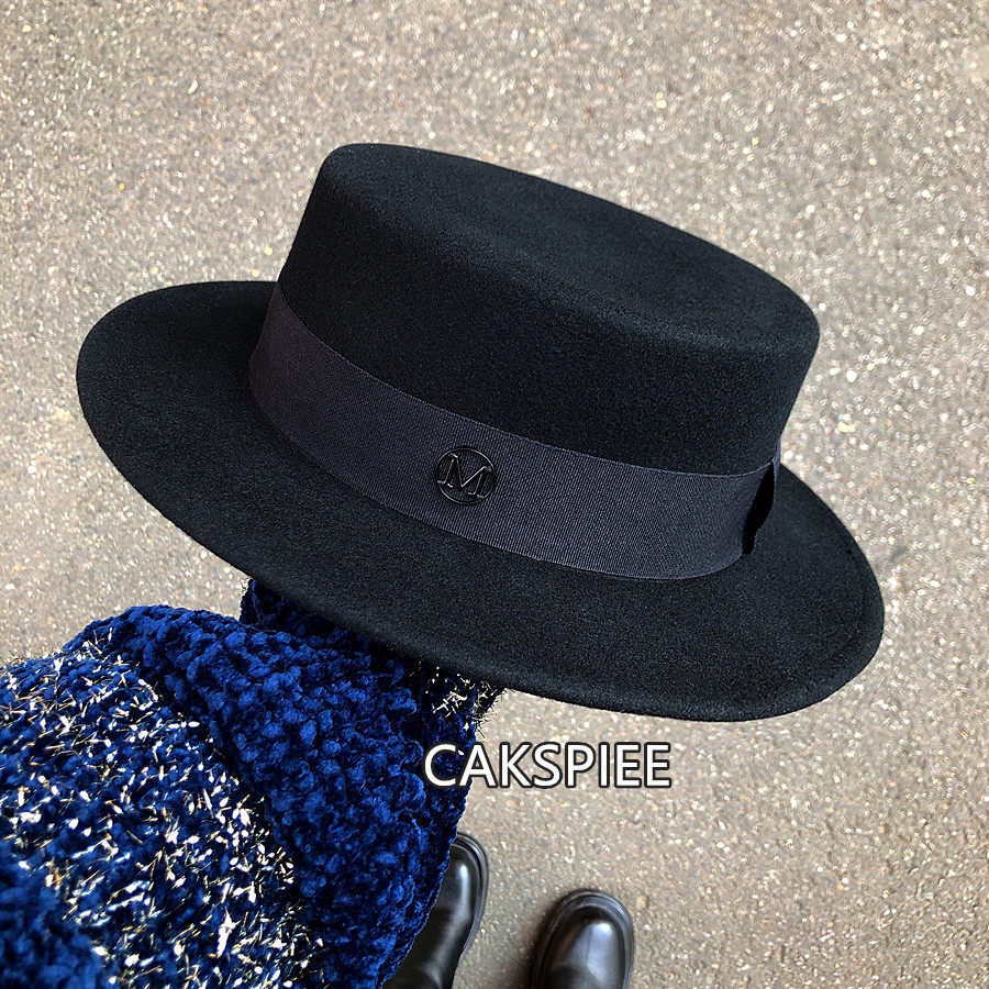 法国cakspiee秋冬新品黑色标羊毛呢平顶短檐礼帽帽子