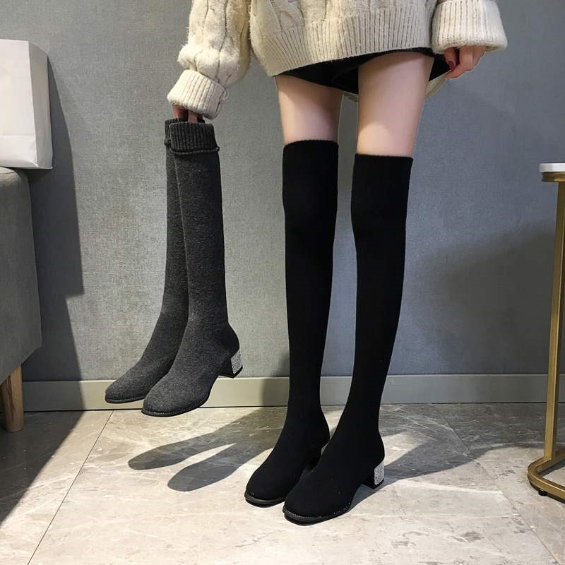 卡其色长靴过膝2020季弹力弹力长筒瘦瘦水钻袜靴女亲子鞋