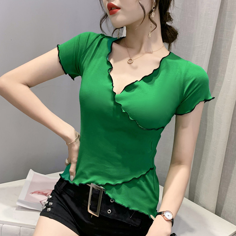 性感v领交叉t恤女短袖夏装2021新款设计感不规则上衣洋气修身小衫