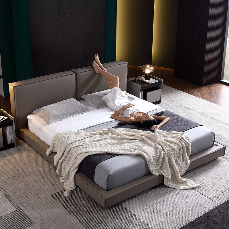 豆腐块床面包方块床矮脚维多尼薄靠背床内嵌式落地床轻奢巧克力床-mc