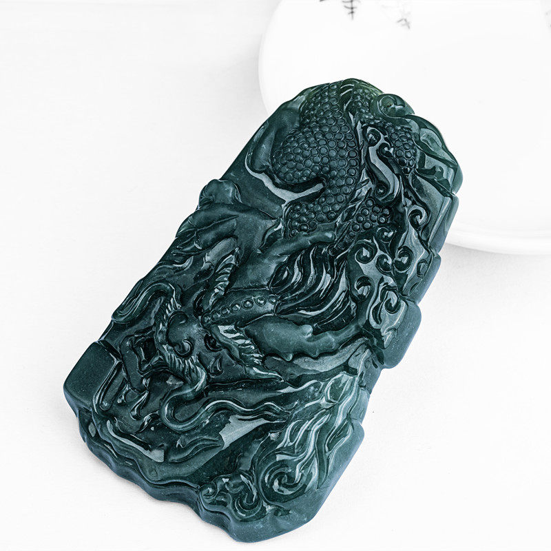 雅茗吸财献瑞天然翡翠吊坠蓝水龙牌挂件玉雕大师颈饰