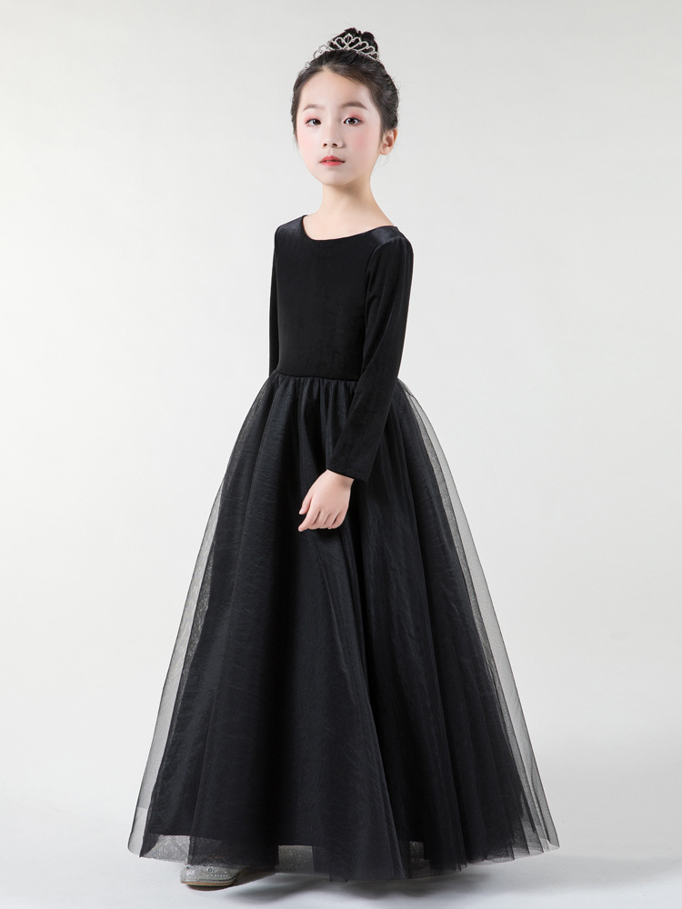 2020新款女童黑色长袖晚礼服可爱钢琴演出服小提琴套装