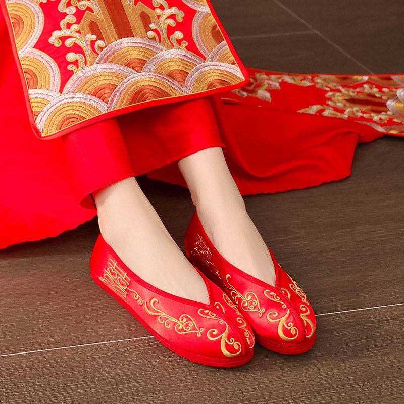 秀禾汉趣红色鞋婚鞋女平底新娘中式绣花鞋服婚布鞋
