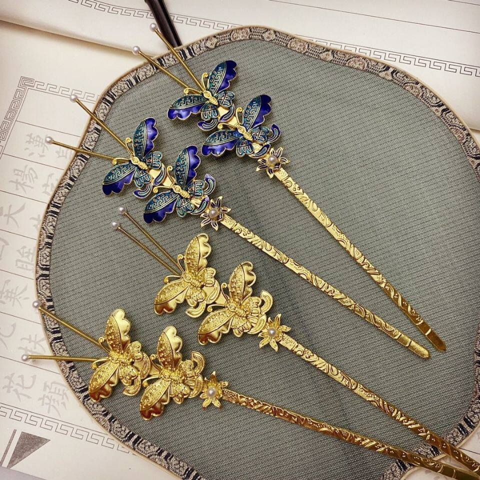 颤珠弹簧簪汉头饰蝴蝶烧蓝景泰蓝蛾子发饰