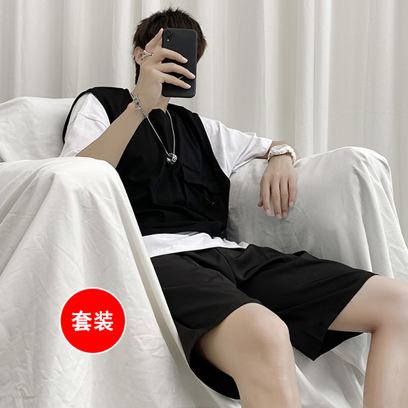 2022新款假两件t恤男装夏季套装男士短袖ins潮流一套搭配休闲痞帅