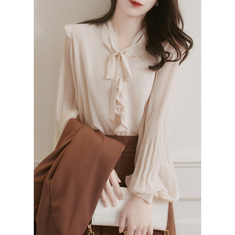 高级设计感小众灯笼袖慵懒风法式气质蝴蝶机系带上衣女早秋装衬衫