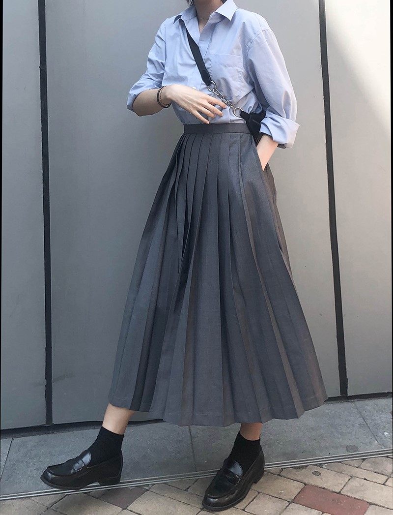 百褶大摆裙a字伞裙长裙20秋季高腰高温压褶复古显瘦中长款半身裙