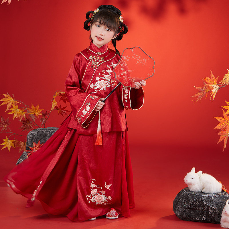 女童红色秀禾服中国风拜年女孩宝宝汉服古装唐装